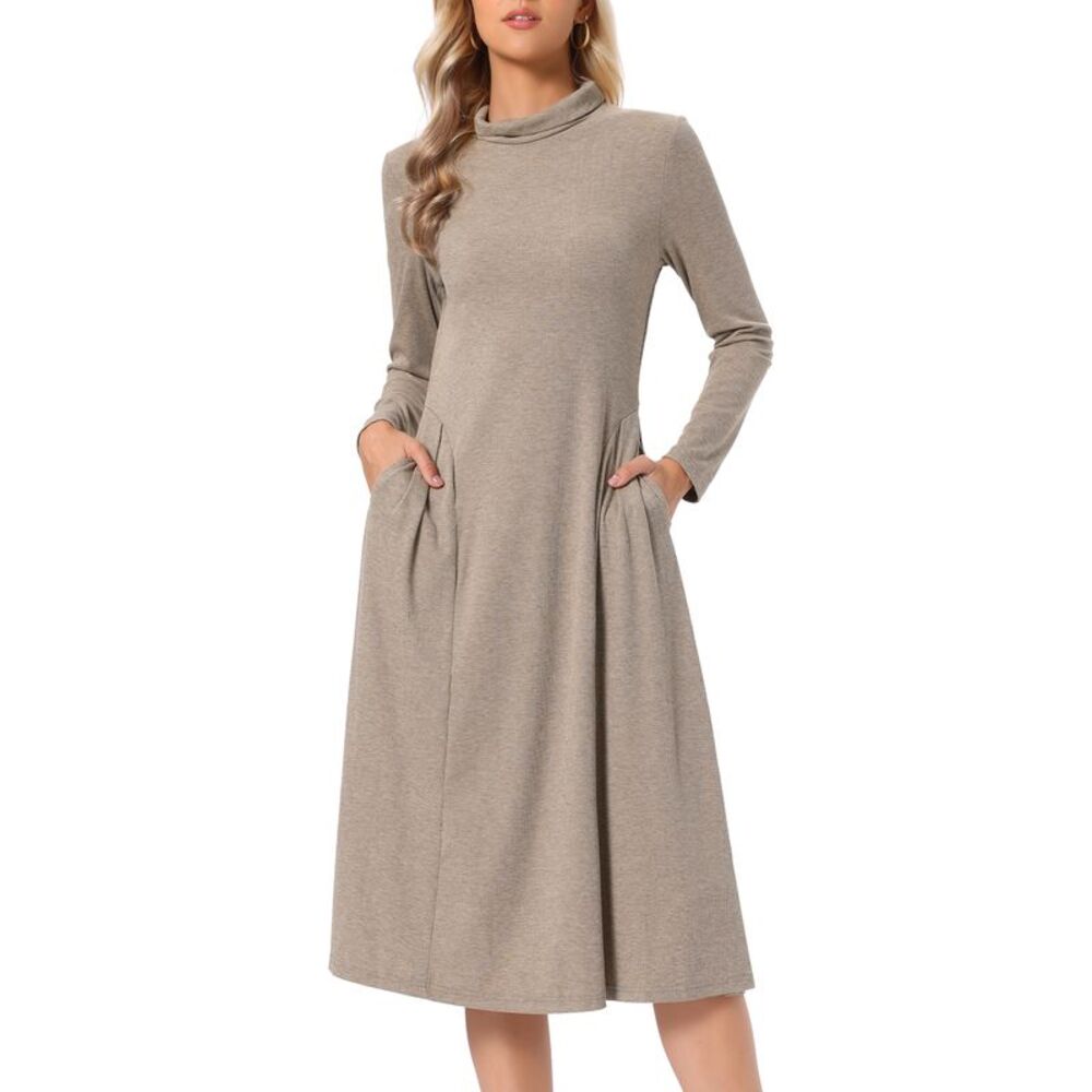 Women Ribbed Knit Dress Turtleneck Long Sleeve Midi Dresses Light Brown